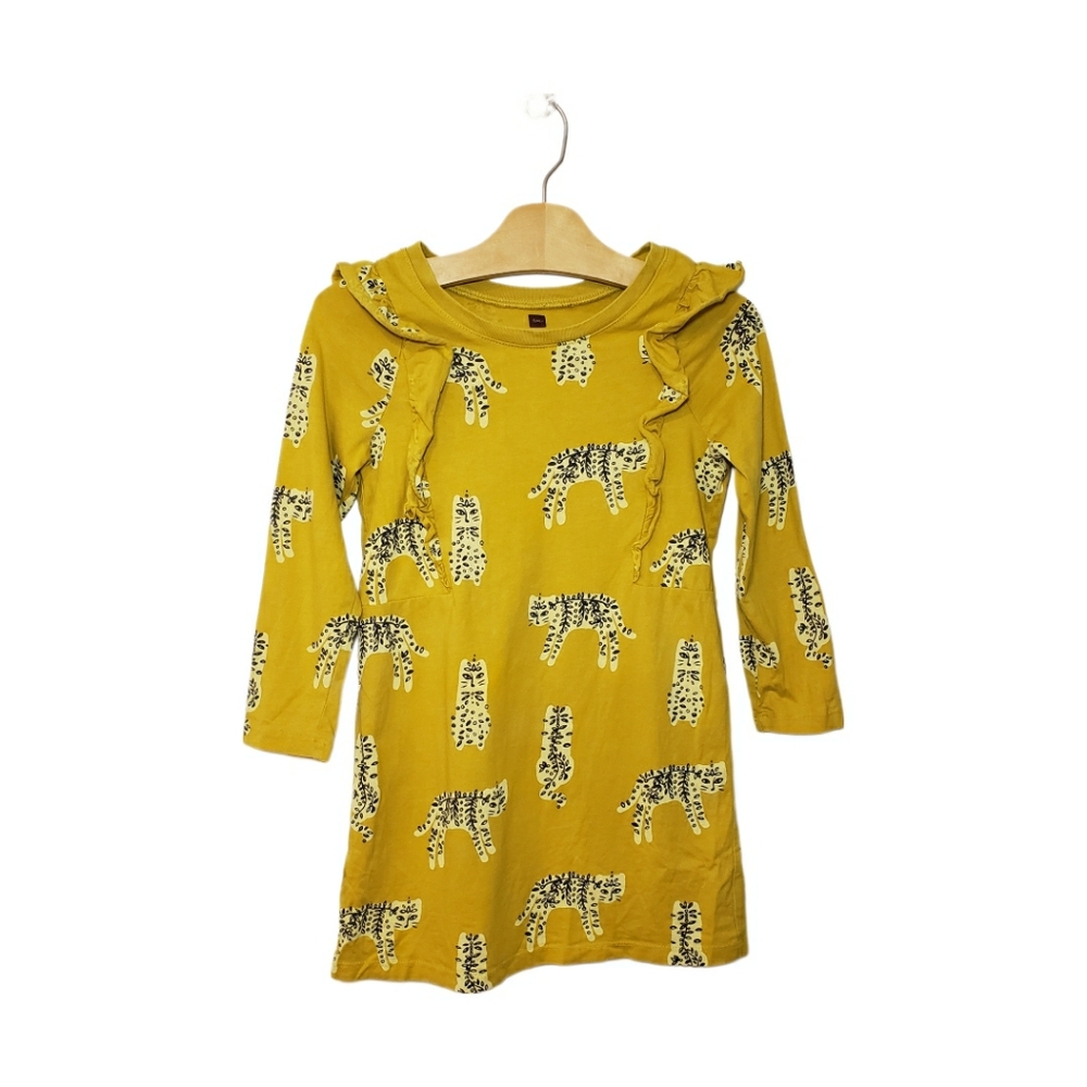 Tea Collection Size 6 Mustard Yellow Cheetah Long Sleeve Ruffled Dress